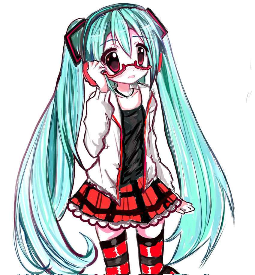 1girl, aguchi, blue_hair, commentary, frilled_skirt, frills, glasses, hair_ornament, hand_up, hatsune_miku, headphones, highres, hood, hood_down, hoodie, jewelry, long_hair, long_sleeves, looking_ahead, natural_(module), necklace, open_clothes, open_hoodie, open_mouth, project_diva_(series), red-framed_eyewear, red_eyes, skirt, solo, striped_clothes, striped_thighhighs, thigh-highs, twintails, very_long_hair, vocaloid