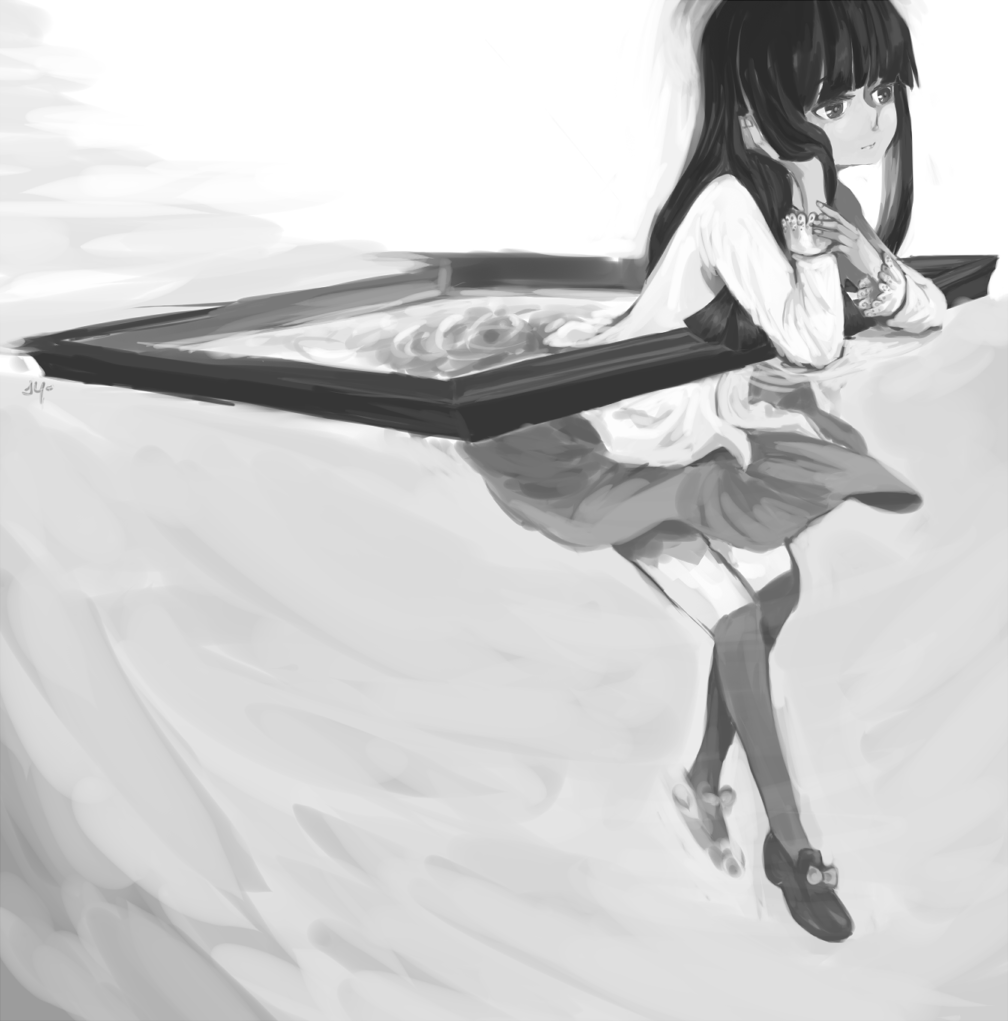 ankaris, black_hair, blunt_bangs, full_body, greyscale, ib_(kouri), lady_in_green_(ib), long_hair