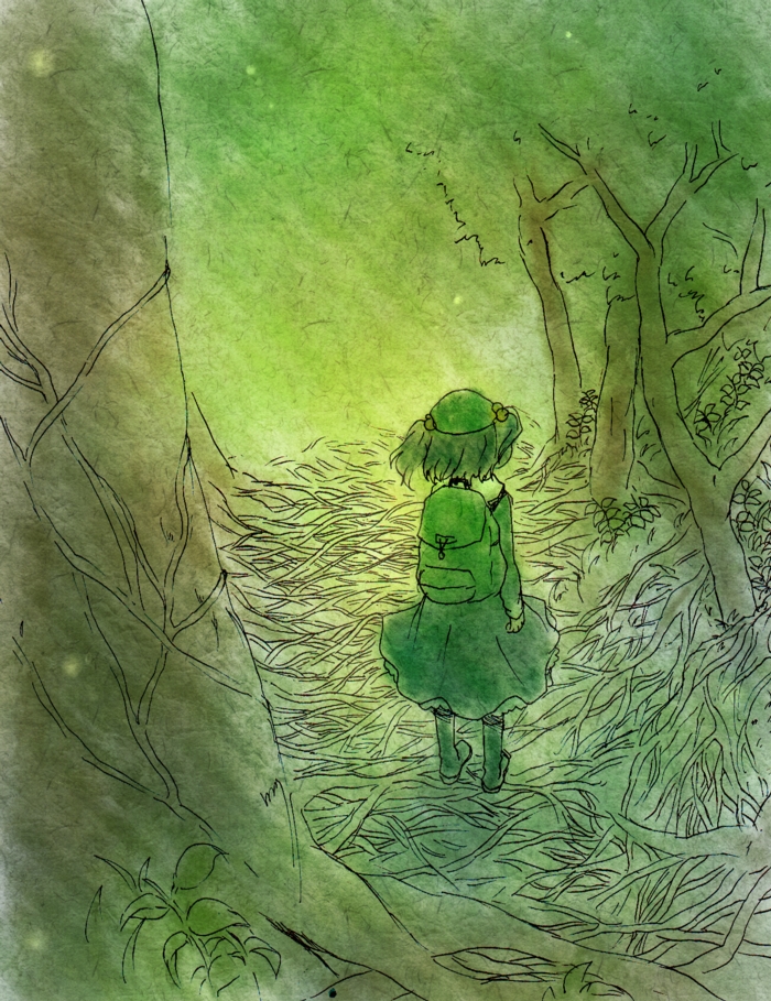 backpack, bad_id, bag, boots, forest, from_behind, green, hair_bobbles