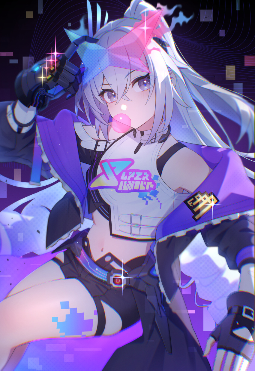 1girl, absurdres, black_background, black_shorts, blowing_bubble_gum, chewing_gum, commentary_request, drill_hair
