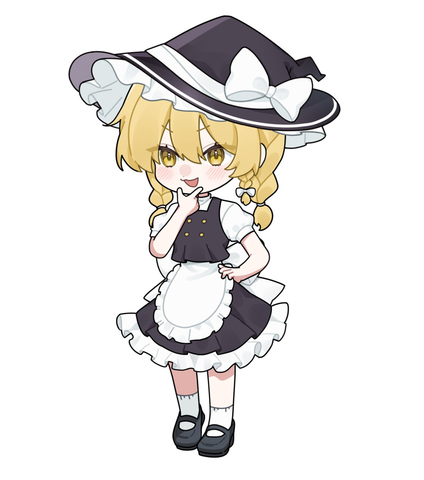 1girl, alternate_hairstyle, apron, back_bow, black_shoes, black_skirt, black_vest, blonde_hair