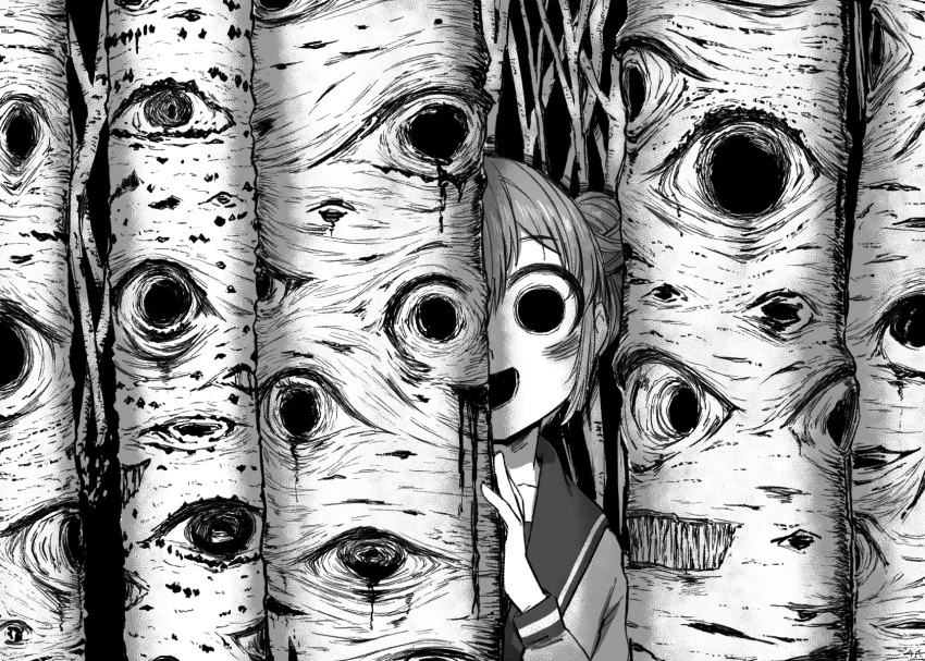 1girl, 4shi, :d, bags_under_eyes, birch_tree, collarbone, commentary_request, dango-chan_(4shi), dot_nose, greyscale, hair_bun, highres, hollow_eyes, horror_(theme), looking_at_viewer, monochrome, no_pupils, original, smile, solid_circle_pupils, solo, staring, tree
