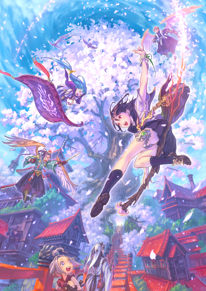 6+girls, ahoge, armor, bag, bird, blonde_hair, blue_eyes, blue_hair, blush_stickers, broom, broom_riding, brown_hair, carpet, cherry_blossoms, east_asian_architecture, flying, hair_ribbon, hat, highres, hisakata_souji, katana, loafers, long_hair, looking_up, magic_carpet, multiple_boys, multiple_girls, open_mouth, original, outstretched_arm, petals, pink_hair, polearm, ponytail, purple_eyes, purple_hair, red_eyes, ribbon, shirt, shoes, skirt, sky, smile, spear, stairs, sword, town, tree, violet_eyes, wand, weapon, wings, yellow_eyes