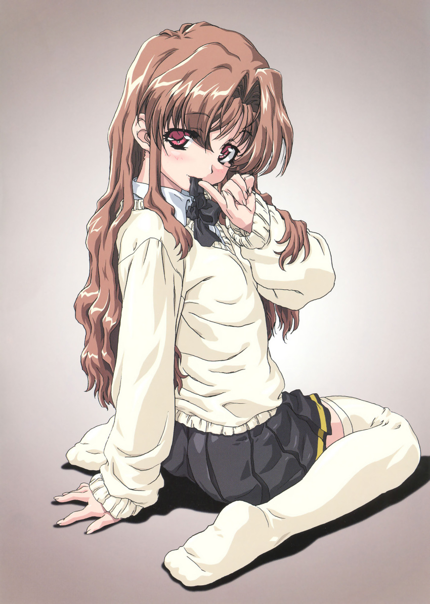 blush, bow, brown_hair, feet, finger_to_mouth, flat_chest, from_behind, highres