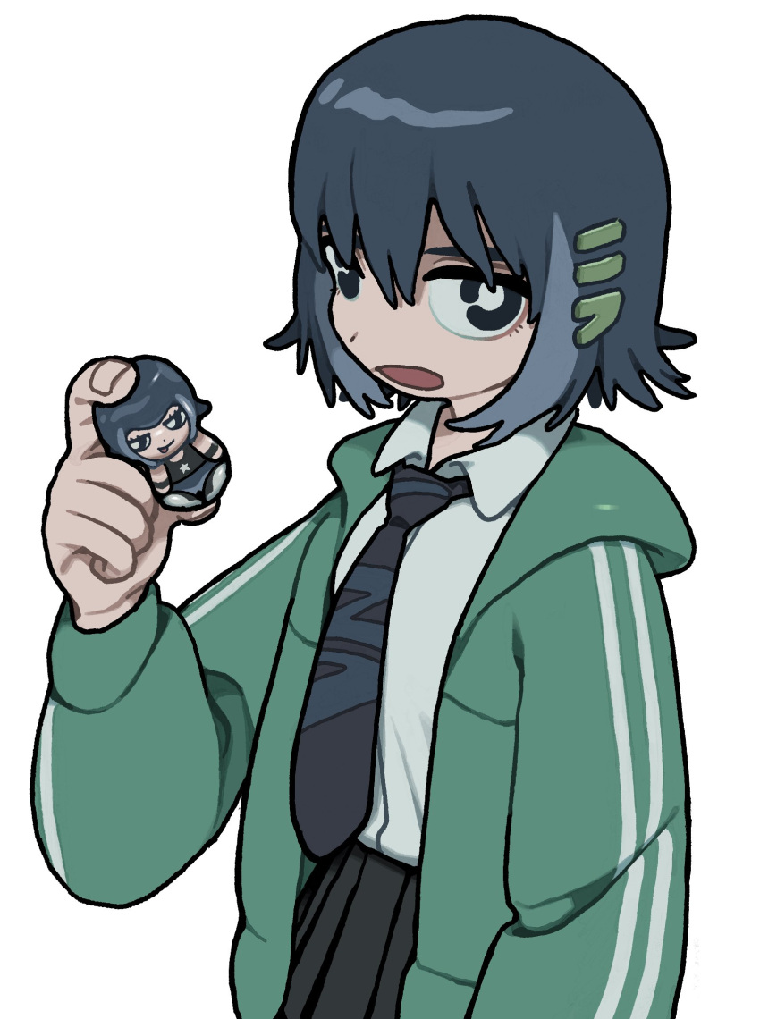 0ekaki_internet, 1girl, black_hair, blue_hair, collared_shirt, commentary_request, hair_ornament, hairclip, highres, jacket, long_sleeves, looking_at_viewer, necktie, nira-chan, nira-chan_(kira_killer)_(zutomayo), open_mouth, pleated_skirt, school_uniform, shirt, short_hair, simple_background, skirt, solo, white_background, white_shirt, zutto_mayonaka_de_ii_no_ni