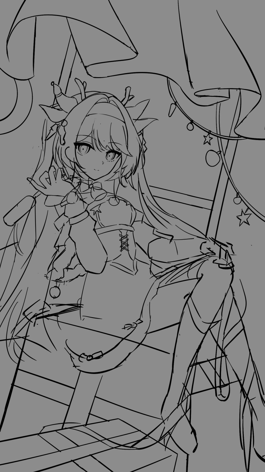1girl, absurdres, alternate_costume, animal_ears, antlers, bell, boots, christmas
