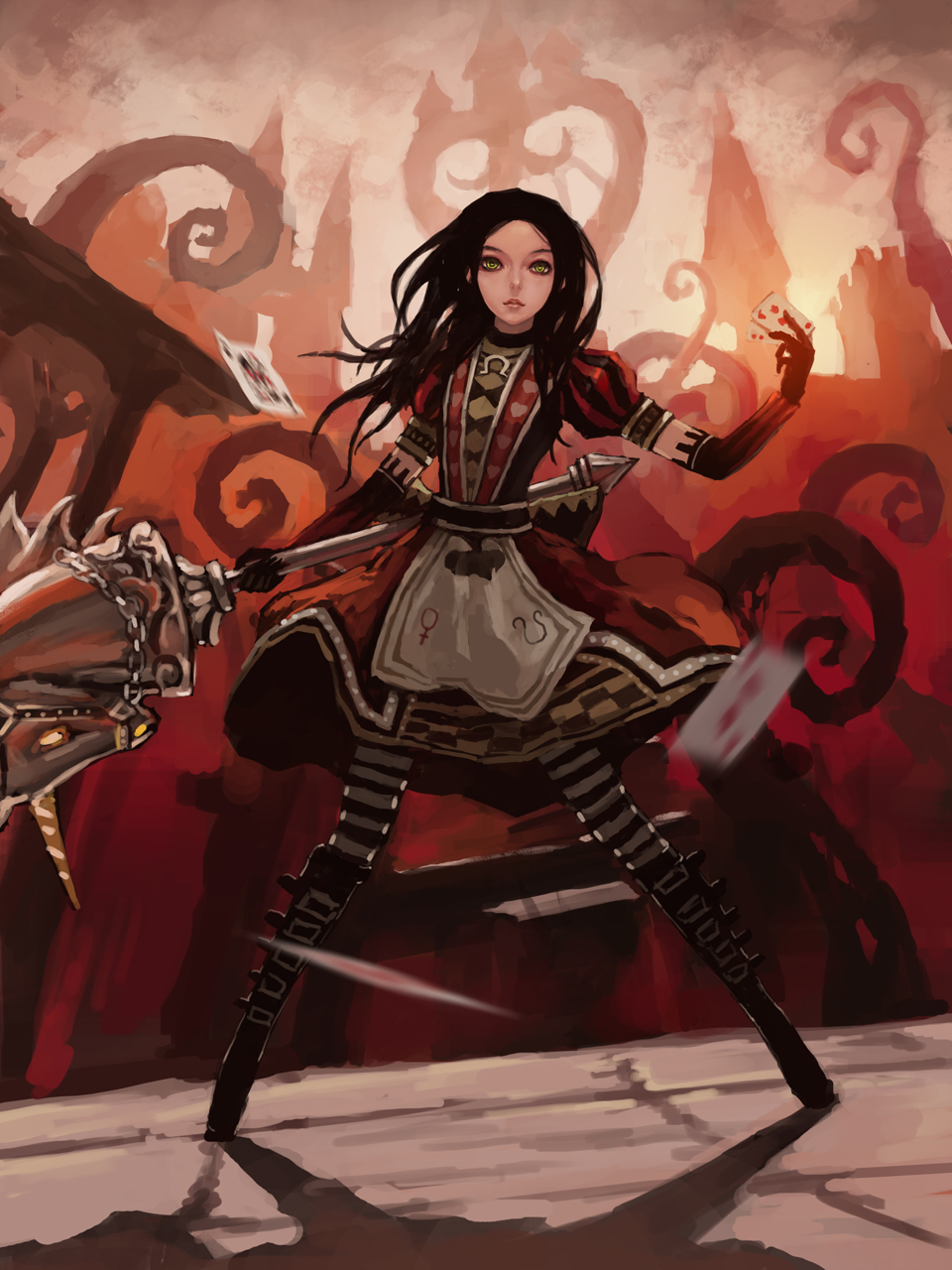 alice_(wonderland), alice_in_wonderland, alternate_costume, american_mcgee's_alice, american_mcgee's_alice, black_hair, boots, card