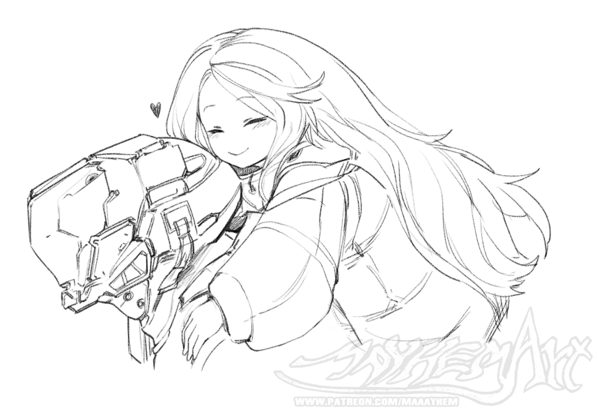 1boy, 1girl, artist_name, carrying, closed_eyes, coat, commentary, diana_(pragmata), greyscale, heart, helmet, hugh_williams, long_hair, long_sleeves, mayhem_art, monochrome, padded_coat, person_on_back, piggyback, pragmata, puffy_long_sleeves, puffy_sleeves, simple_background, smile, space_helmet