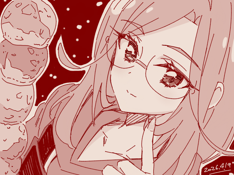 1girl, antenna_hair, closed_mouth, commentary_request, food, glasses, holding, holding_food