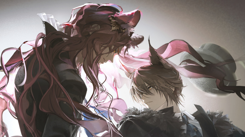 2boys, animal_ears, arknights, artist_request, black_jacket, blue_necktie, brown_hair, cat_boy