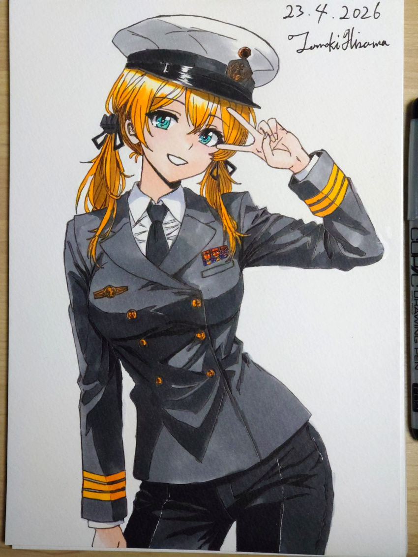 1girl, alternate_costume, anchor_hair_ornament, art_tools_in_frame, artist_name, black_jacket, black_necktie, black_pants, blonde_hair, breasts, buttons, collared_shirt, commentary_request, dated, deutsche_marine, double-breasted, green_eyes, hair_ornament, hat, highres, hisama_tomoki, jacket, kantai_collection, large_breasts, long_hair, long_sleeves, looking_at_viewer, low_twintails, marker_(medium), military_dress_uniform, military_hat, military_rank_insignia, military_uniform, naval_dress_uniform, naval_uniform, necktie, one-hour_drawing_challenge, pants, peaked_cap, prinz_eugen_(kancolle), ribbon_bar, shirt, simple_background, smile, solo, traditional_media, twintails, v, white_background, white_shirt