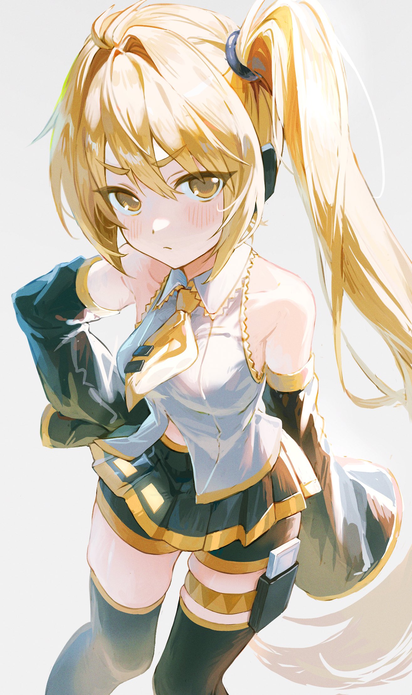 1girl, ahoge, akita_neru, antenna_hair, ayafu, black_skirt, black_sleeves, blonde_hair, blush, cellphone, commentary, detached_sleeves, from_above, grey_shirt, hair_intakes, hand_on_own_hip, headset, highres, long_hair, looking_at_viewer, necktie, phone, shirt, side_ponytail, skirt, thigh-highs, thigh_strap, untranslatable_commentary, v-shaped_eyebrows, very_long_hair, vocaloid, white_background, yellow_eyes, yellow_trim