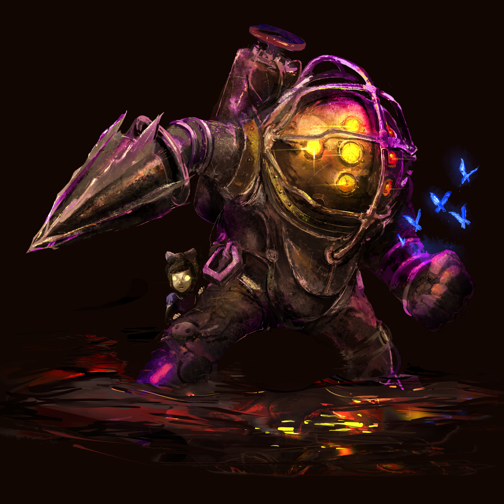 big_daddy, big_daddy_(bioshock), bioshock, butterfly, drill, glowing, glowing_eyes, helmet
