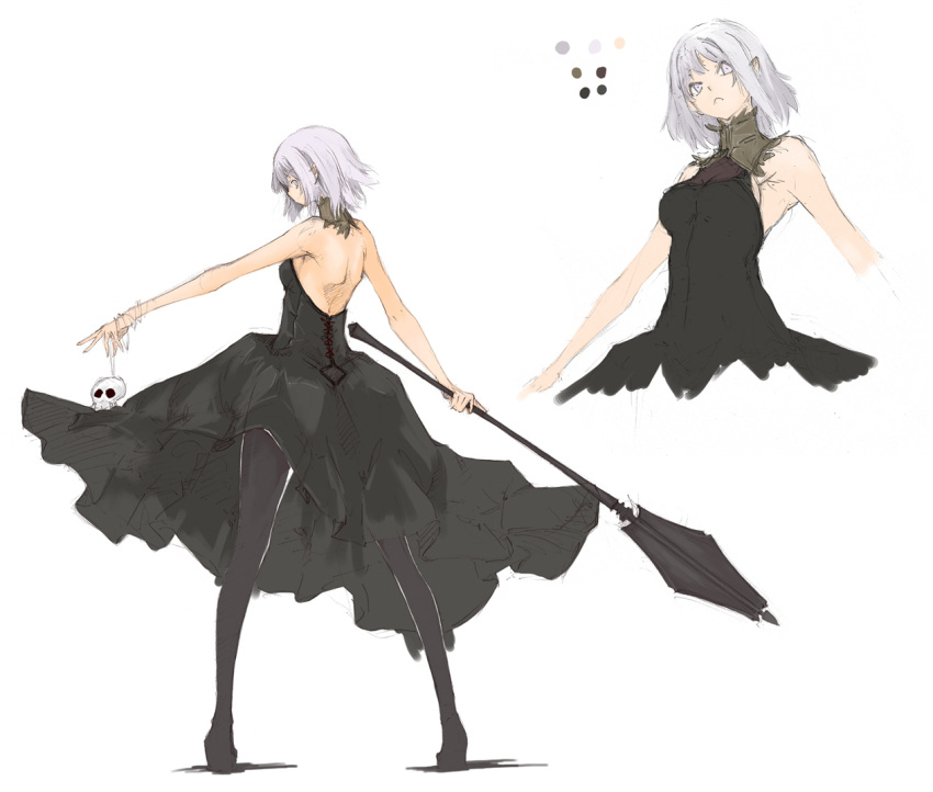 back, black_dress, dress, from_behind, lavender_hair, mace, original, outstretched_arm