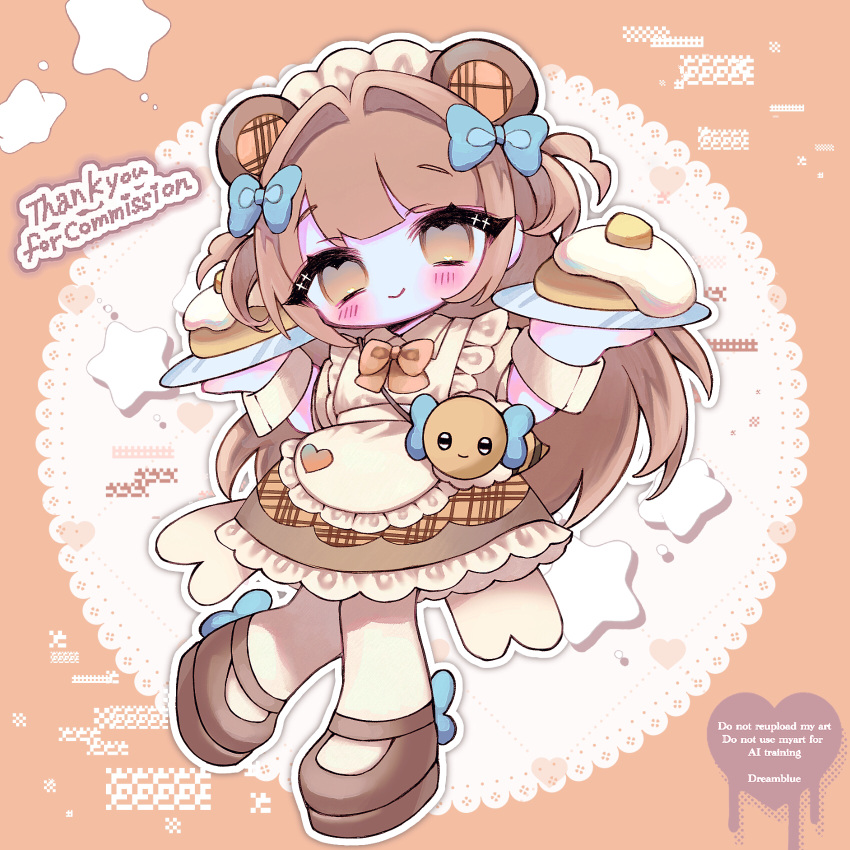 1girl, animal_ears, aoi_bansoko, apron, bear_ears, bear_girl, blue_bow, blush