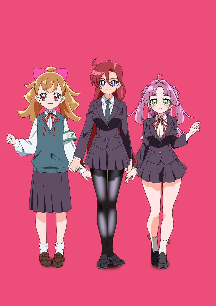 3girls, absurdres, ahoge, alternate_breast_size_(larger), arm_at_side, armband, asymmetrical_bangs, bilingual_commentary
