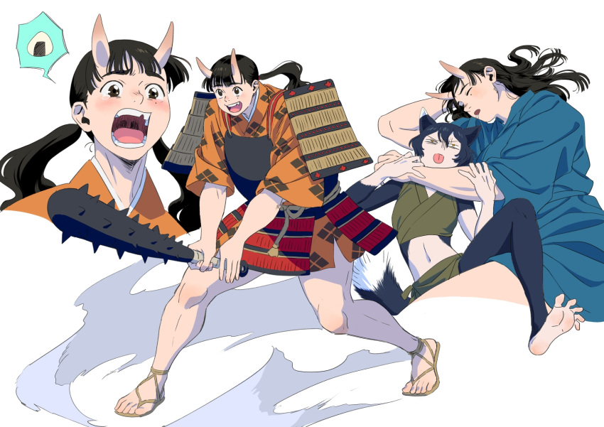 2girls, animal_ears, armor, barefoot, black_fur, black_hair, blue_kimono, blunt_bangs
