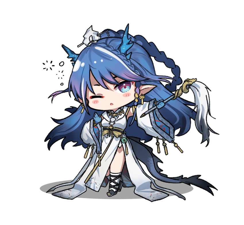 1girl, ;o, arknights, blue_eyes, blue_hair, blue_skin, blush, blush_stickers