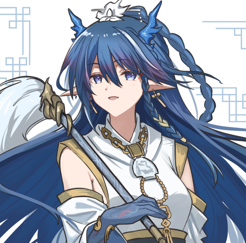 1girl, :d, arknights, blue_eyes, blue_hair, blue_skin, bracelet, braid