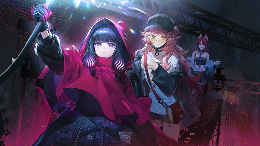 3girls, animal_ears, arknights, artist_request, bag, belt, black_belt, black_gloves