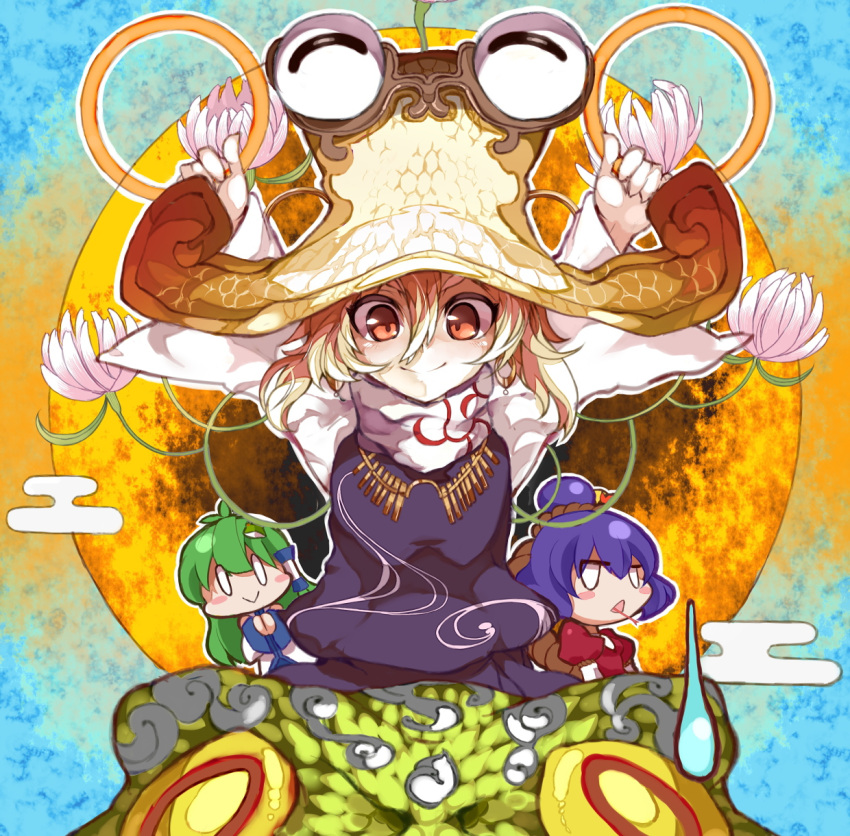 arms_up, blonde_hair, blue_dress, blush_stickers, detached_sleeves, dress, flower, frog