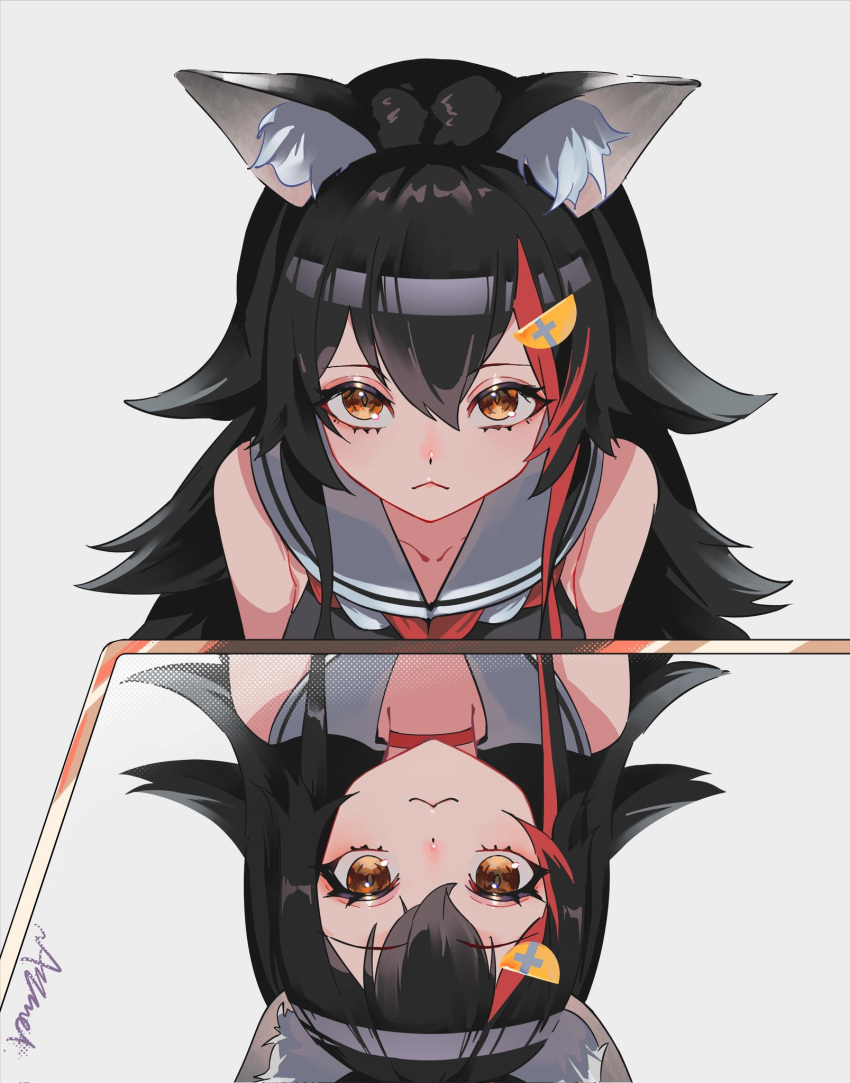 1girl, :3, animal_ear_fluff, animal_ears, black_hair, black_sailor_collar, breasts, close-up