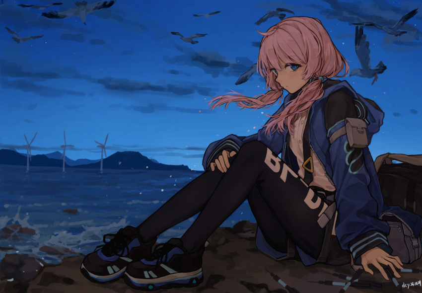 1girl, absurdres, arknights, artist_name, bird, black_leggings, black_shoes, black_shorts