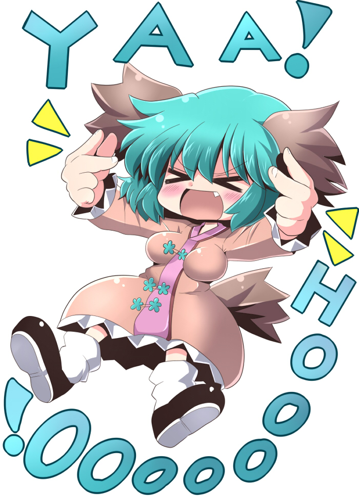 >_<, 53, animal_ears, aqua_hair, blush, brown_dress, chibi, dress