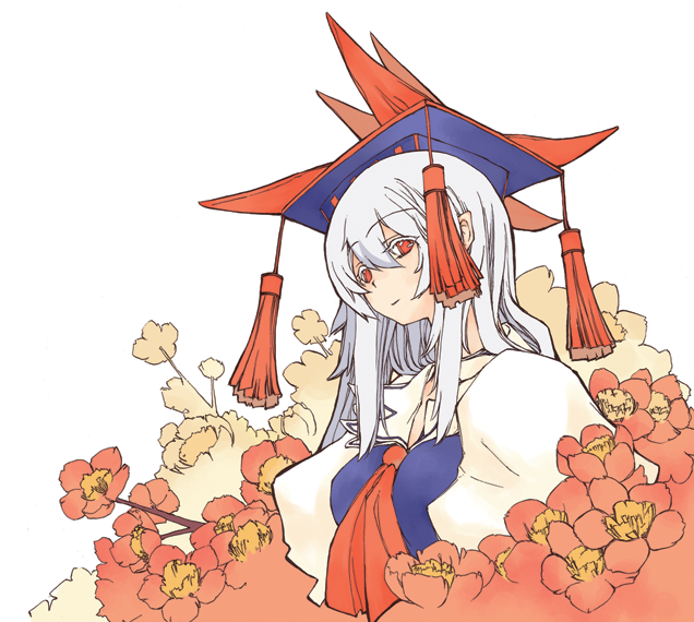 adapted_costume, ascot, bust, colored_eyelashes, flower, hat, kamishirasawa_keine, light_smile
