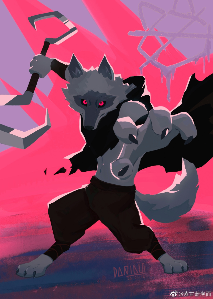 1boy, abs, animal_ears, black_cloak, black_pants, canilu_u, chinese_commentary, claws, cloak, commentary_request, dated, death_(puss_in_boots), furry, furry_male, grey_fur, highres, holding, holding_scythe, looking_at_viewer, male_focus, muscular, muscular_male, open_mouth, outstretched_hand, pants, puss_in_boots:_the_last_wish, red_eyes, scythe, shrek_(series), signature, tail, watermark, weibo_username, weibo_watermark, wolf_boy, wolf_ears, wolf_tail