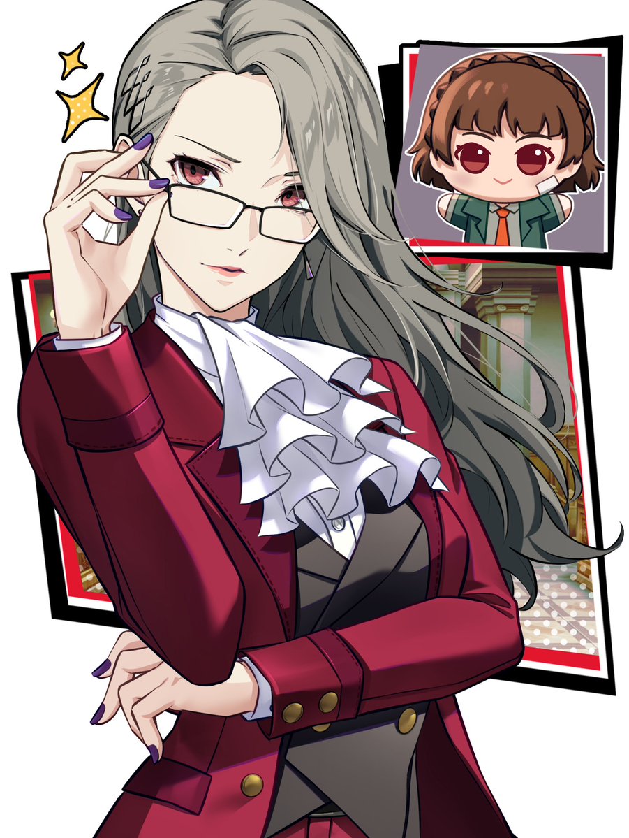 2girls, adjusting_eyewear, ascot, black_vest, braid, breasts, brown_hair, chibi