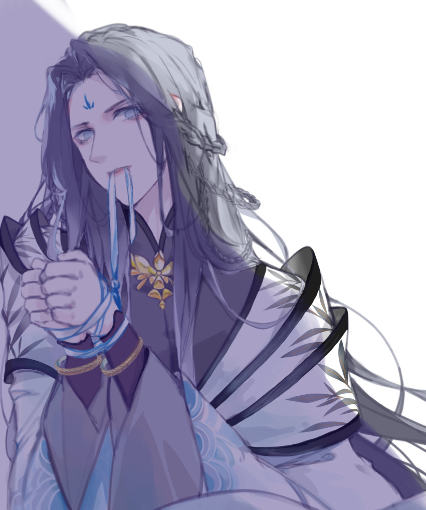 1boy, bamboo_print, black_hair, black_shirt, blue_eyes, bound, bound_wrists, bracelet