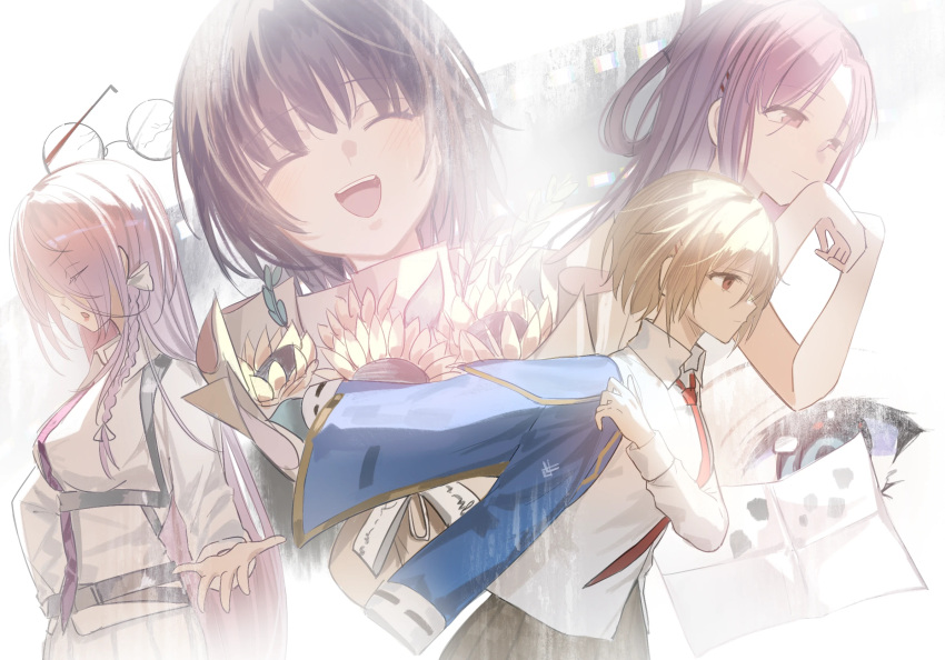 4girls, aoi_erika, black_hair, blue_jacket, bouquet, braid, brown_hair, chinese_commentary