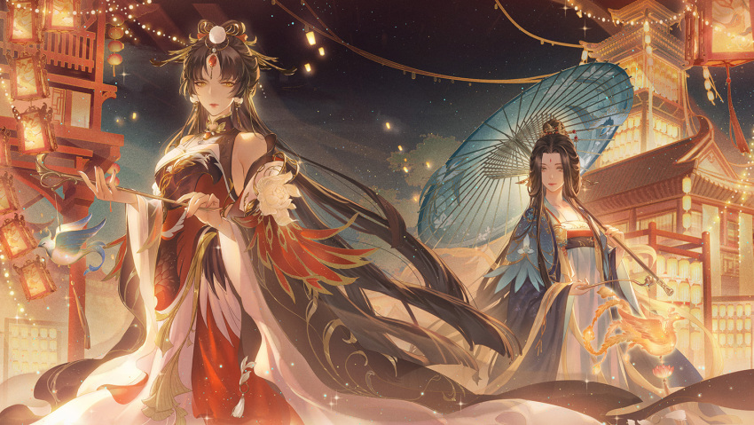 2girls, animal_print, architecture, bare_shoulders, bird_print, black_hair, black_sleeves, blue_hanfu