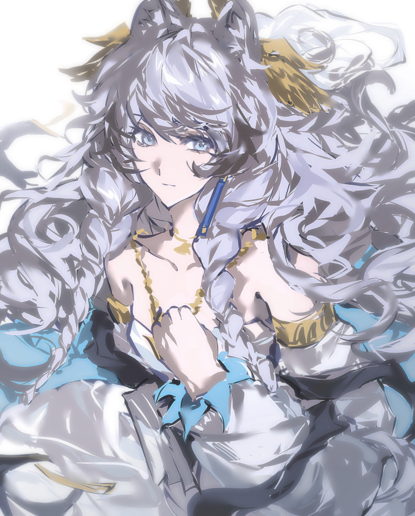 1girl, ambience_synesthesia, animal_ear_fluff, animal_ears, arknights, braid, closed_mouth, detached_sleeves, dress, grey_eyes, grey_hair, hair_between_eyes, hand_up, haomingzi03843, highres, jewelry, long_hair, looking_at_viewer, necklace, official_alternate_costume, pramanix_(arknights), snow_leopard_ears, snow_leopard_girl, solo, twin_braids, very_long_hair, white_background, white_dress