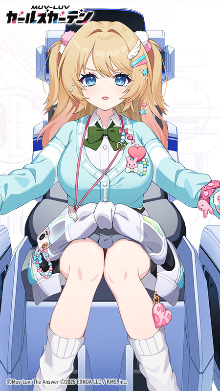 1girl, 2025, aqua_cardigan, blonde_hair, blue_eyes, bow, bowtie, breasts