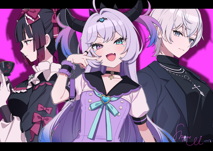 3girls, :d, black_choker, black_dress, black_hair, black_jacket, black_shirt, blue_eyes