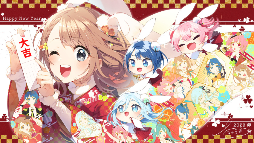 2023, 4girls, ;d, absurdres, ano_hi_no_yume_no_kanata_mukou_e_(project_sekai), aozora_no_saki_kagayaki_wo_oikakete_(project_sekai), black_eyes, blue_eyes
