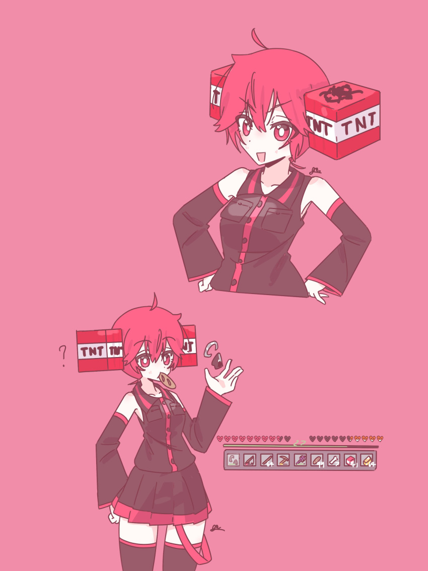 1girl, :d, ?, absurdres, alternate_hairstyle, arm_up, barser, black_thighhighs, block_(minecraft), breasts, commentary, cropped_torso, explosive, food_in_mouth, hands_on_own_hips, heads-up_display, health_bar, highres, kasane_teto, kasane_teto_(utau), multiple_views, red_background, red_eyes, red_hair, red_theme, short_hair, signature, smile, thigh-highs, tnt, tnt_block_(minecraft), user_interface, utau, v-shaped_eyebrows