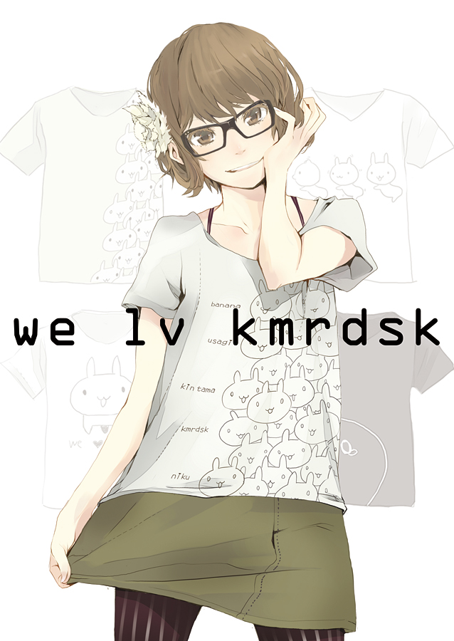 brown_eyes, brown_hair, clavicle, collarbone, flower, glasses, hair_flower, hair_ornament