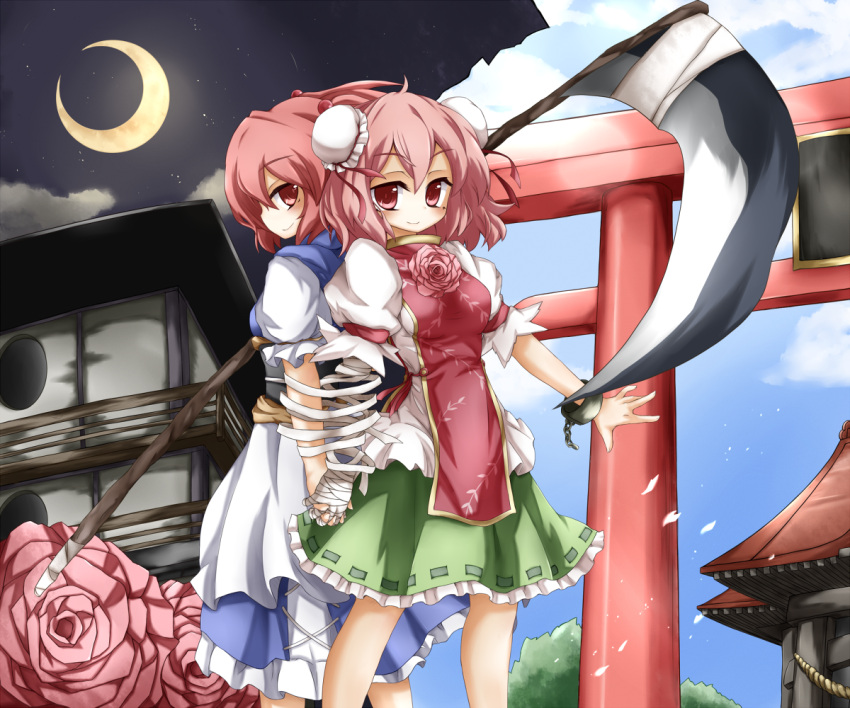amputee, back-to-back, bandage, bandages, breasts, bun_cover, chain, chains, cloud, crescent_moon, cuffs, double_bun, dress, flower, frills, hair_bobbles, hair_ornament, hand_holding, hands_clasped, holding_hands, ibara_kasen, ibaraki_kasen, interlocked_fingers, mole, moon, multiple_girls, night, onozuka_komachi, pink_hair, red_eyes, red_hair, redhead, rose, scapegoat, scythe, skirt, smile, star_(sky), takatoiyori, temple, torii, touhou