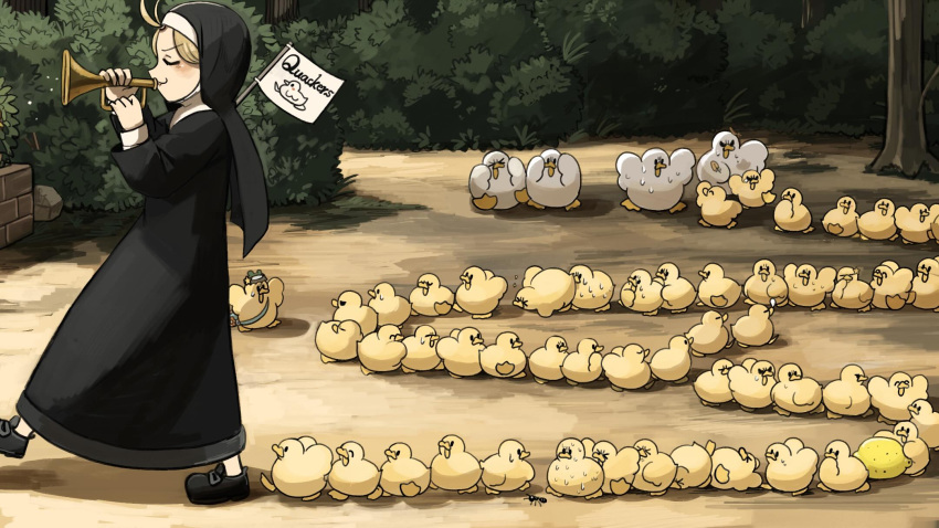 1girl, baby_animal, bag, bird, black_shoes, blonde_hair, bottle_cap, bush
