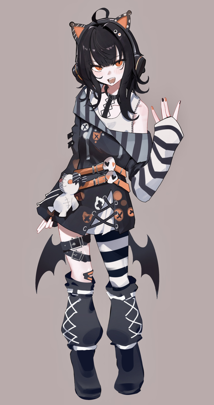 1girl, absurdres, ahoge, animal_ear_headphones, animal_ears, asymmetrical_legwear, bat_wings, belt