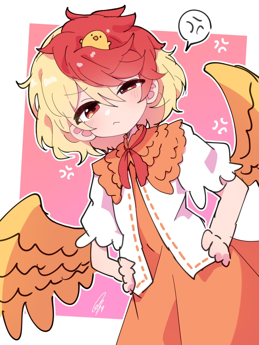 1girl, anger_vein, baby_animal, bird, blonde_hair, blush, chick, chicken_girl