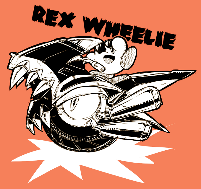character_name, commentary_request, exhaust_pipe, greyscale_with_colored_background, kirby, kirby_(series), kirby_air_ride, looking_at_viewer