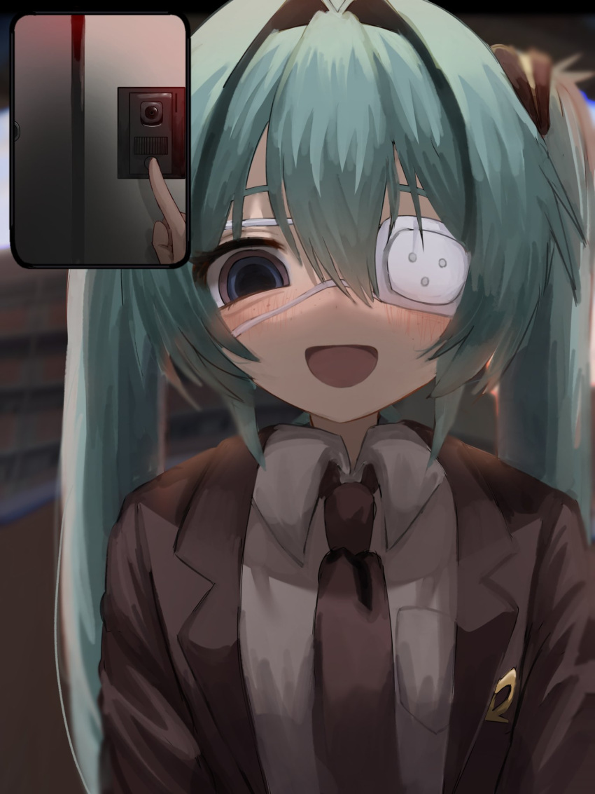 1girl, 2000s_(style), aqua_hair, black_jacket, blue_eyes, collared_shirt, eyepatch, hair_between_eyes