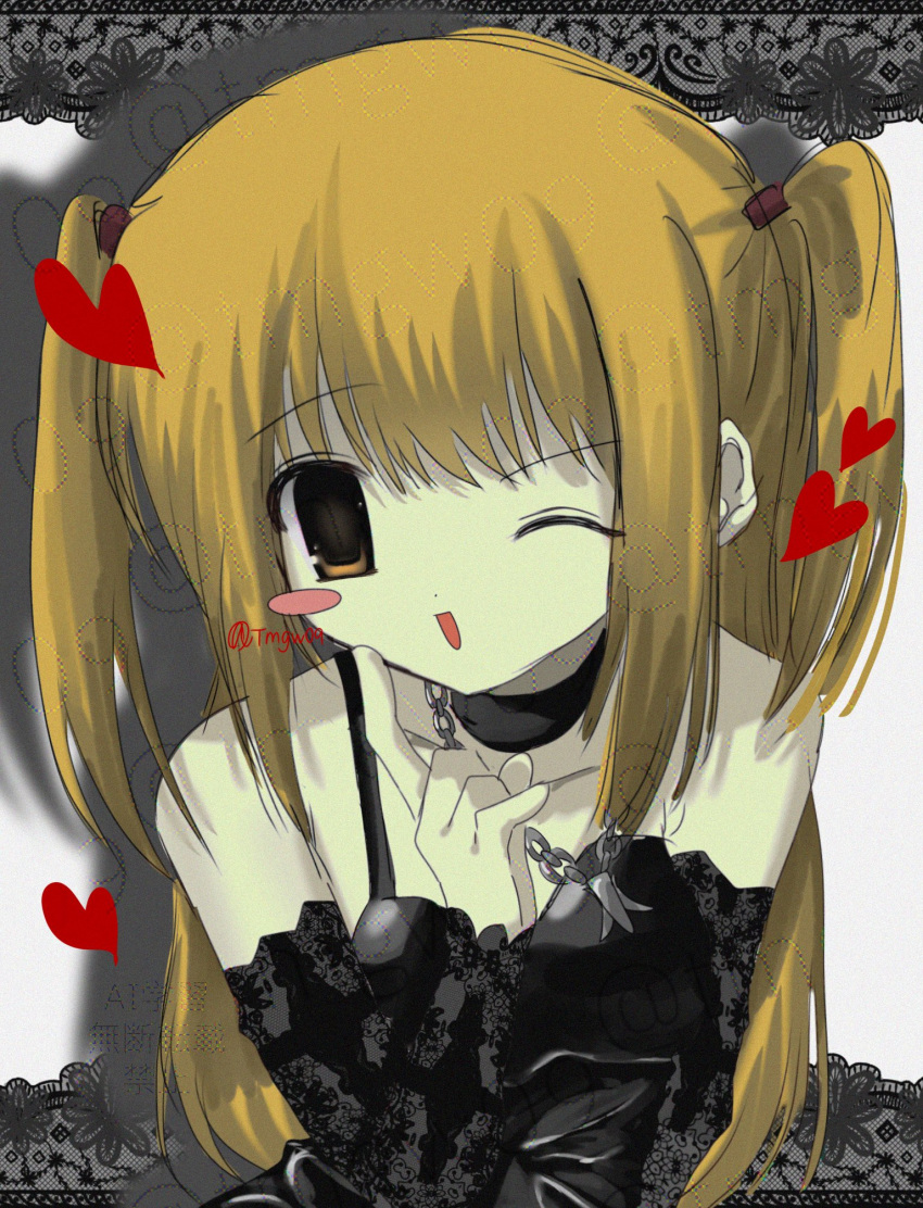 1girl, 2000s_(style), amane_misa, bare_shoulders, black_choker, black_dress, blonde_hair, breasts, choker, cross, death_note, dress, earrings, goth_fashion, highres, jewelry, long_hair, looking_at_viewer, necklace, red_eyes, smile, solo, tmgw09, twintails, two_side_up