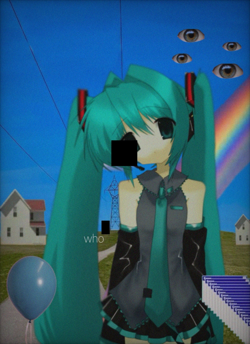 1girl, 2000s_(style), aqua_eyes, aqua_hair, aqua_necktie, bare_shoulders, blue_eyes, blue_hair, detached_sleeves, dreamcore, glitch, hair_between_eyes, hair_ornament, hatsune_miku, headset, highres, long_hair, looking_at_viewer, necktie, rainbow, shirt, skirt, sleeveless, smile, solo, tmgw09, twintails, very_long_hair, vocaloid