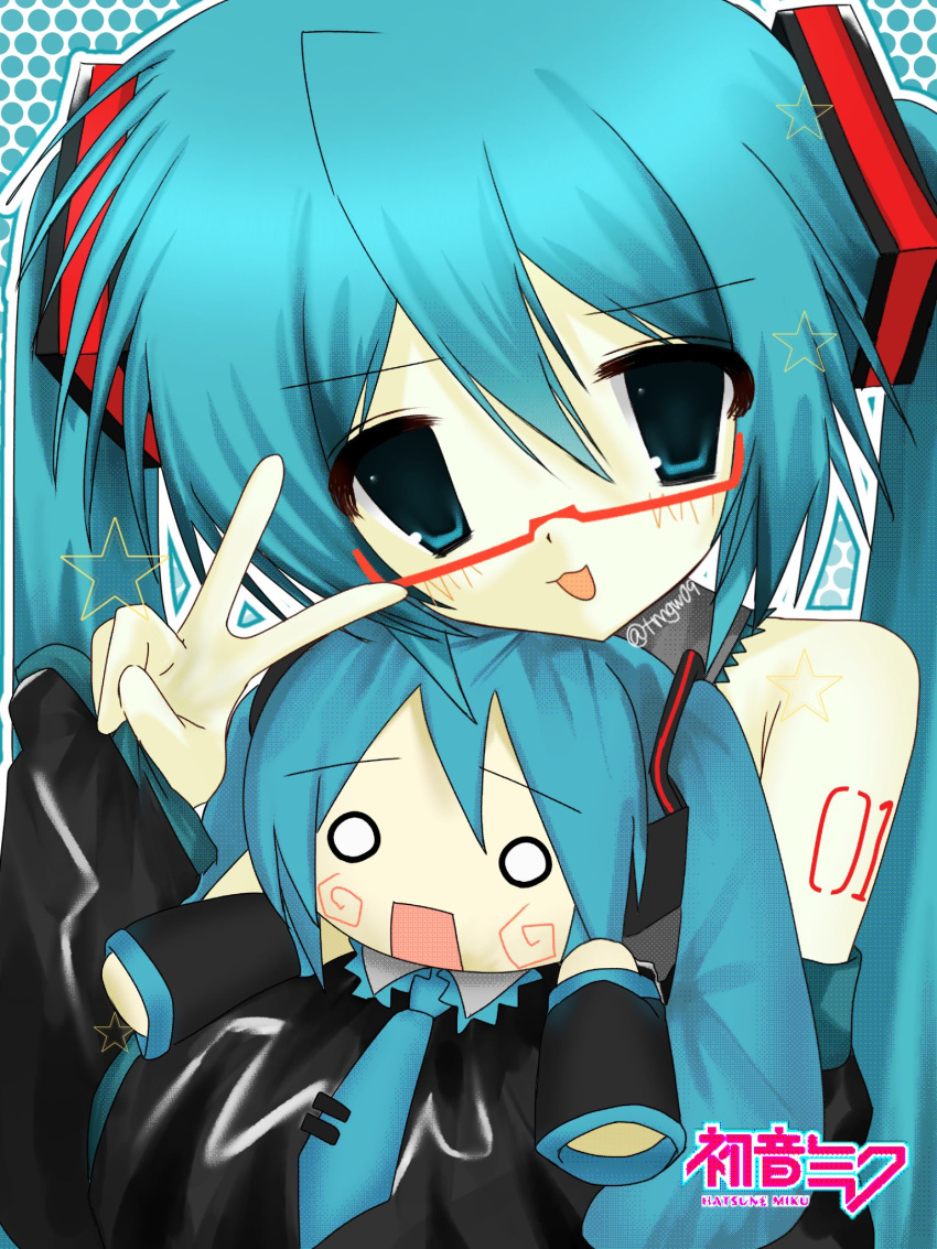 2000s_(style), 2girls, aqua_eyes, aqua_hair, aqua_necktie, bare_shoulders, blue_eyes, blue_hair