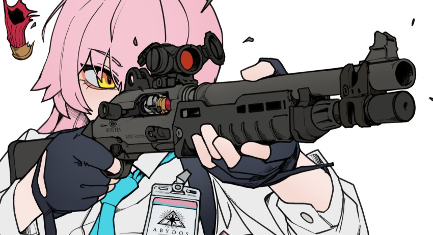 1girl, abydos_high_school_logo, aiming, ammunition, beretta_1301, black_gloves, blue_archive, blue_necktie